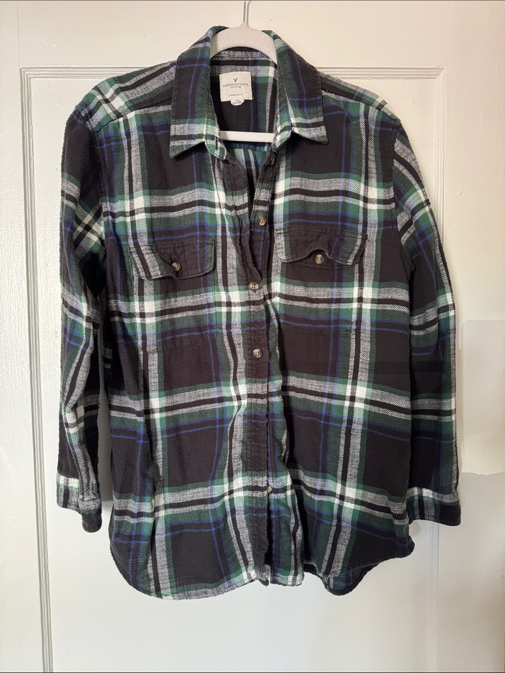 Old Navy Oversized Gray, Green & Blue Plaid Button-Down Shirt
